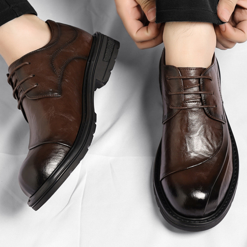 Men'S Formal Party Wear Shoes - Brown Burnished Genuine Leather Lace Up