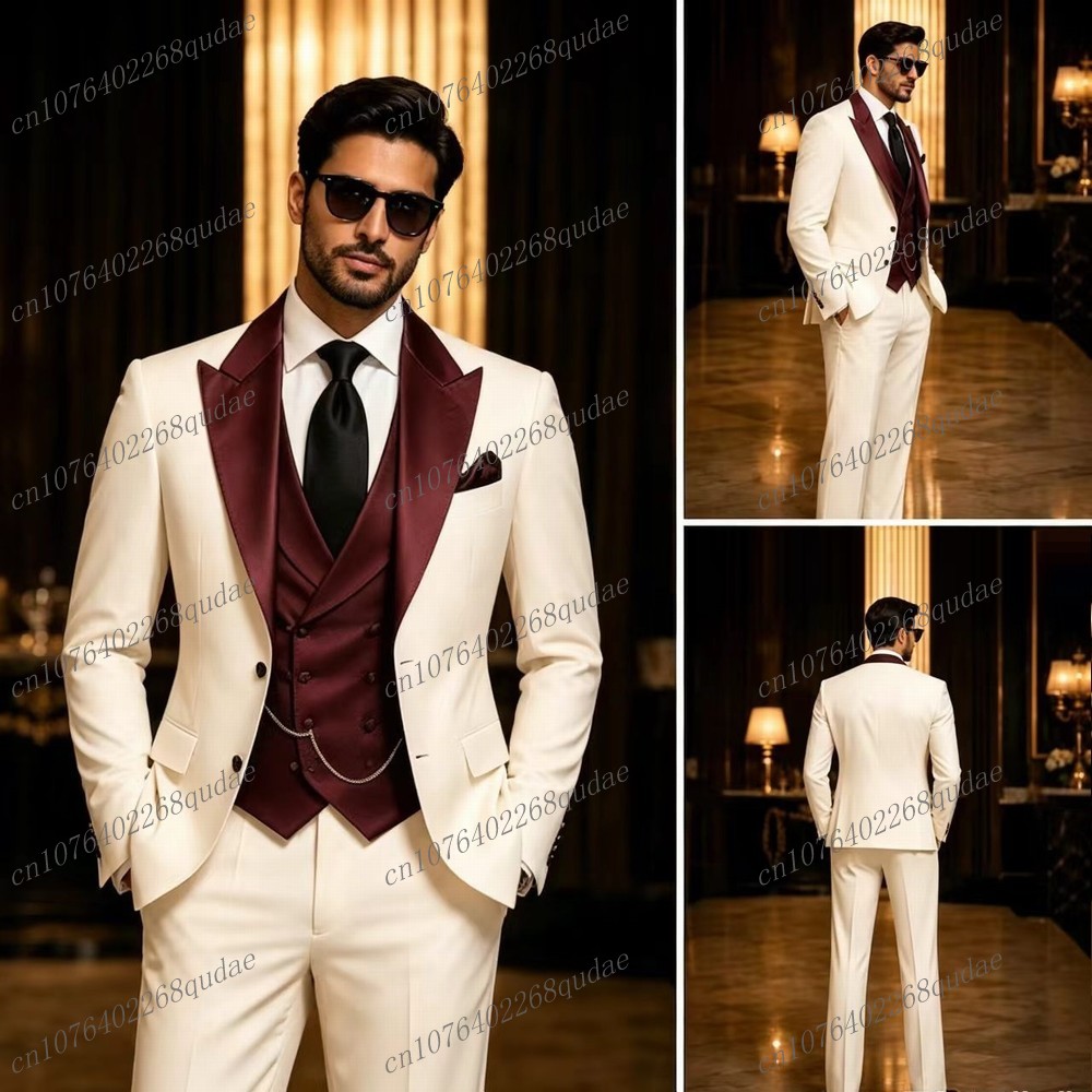 Formal Wear Jersey For Men - Formal Burgundy And White Men Suit