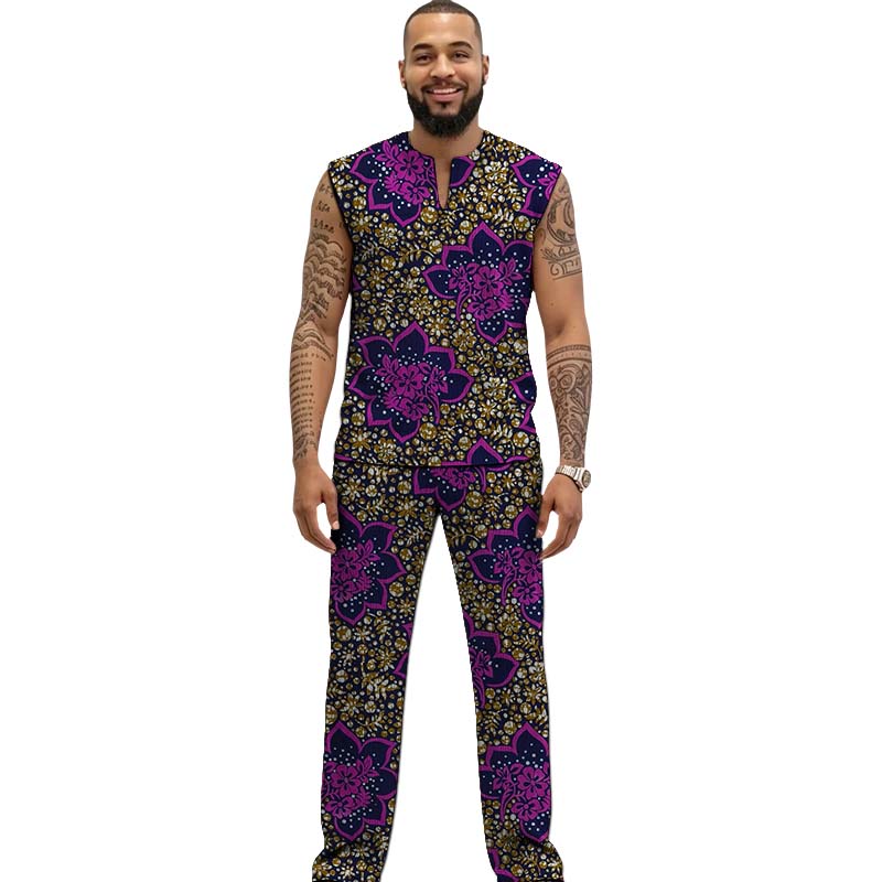 Men Formal Wear Top - African Print Couture Tank Top+Trouser Men's