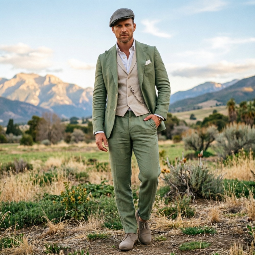 Sage Green Linen Men 3 Piece S - đánh giá và giá Men Formal Wear Green